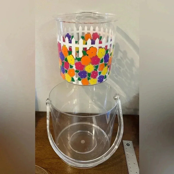 3 piece Acrylic clear ice bucket with painted flowers & picket fence. - Picture 2 of 8
